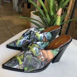 BURBERRY Tillington Monkey Print Scarf Tie Detail Mules Size 7.5 (37.5 IT)